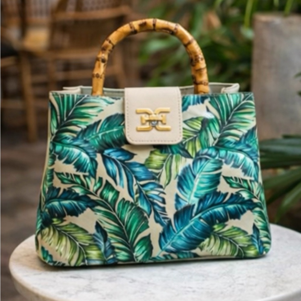 Sam Edelman Green Leaf Print Satchel with Bamboo Handle